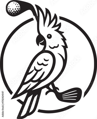 Whimsical bird holding a golf ball in its beak illustration