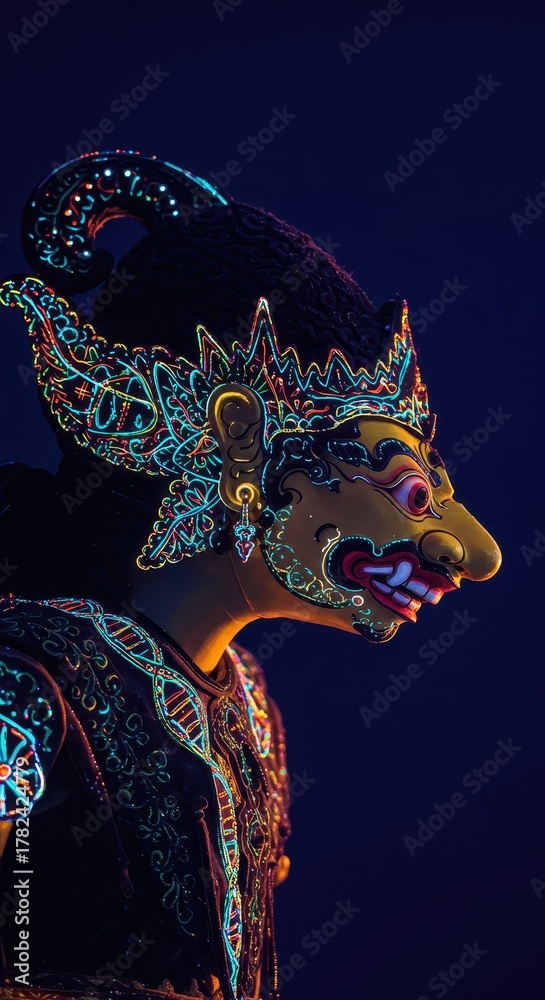 Naklejka premium Elaborate traditional puppet figure adorned with glowing neon accents performs against a dark background
