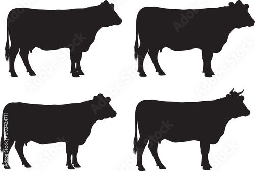 Four black cow silhouettes standing side view isolated on transparent background