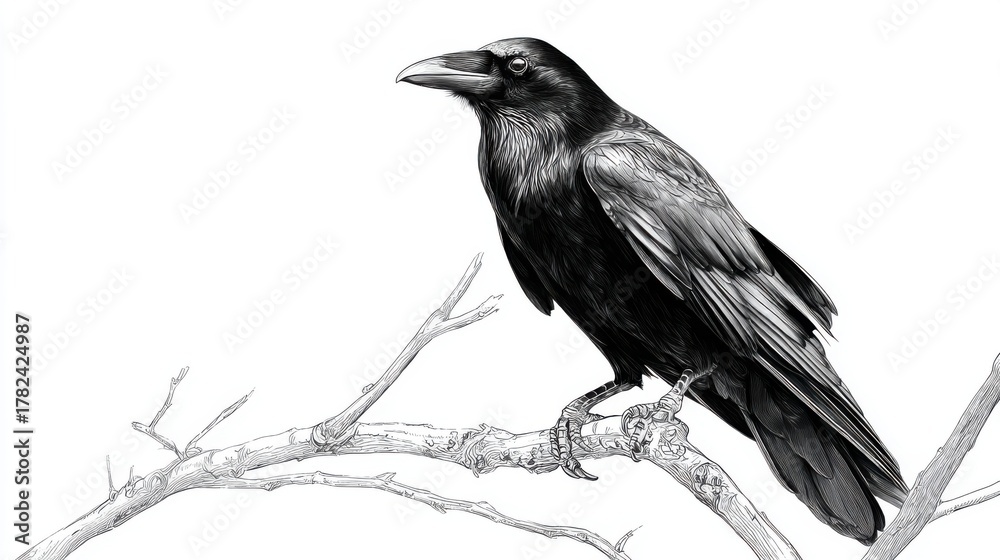 Fototapeta premium Detailed Illustration of a Raven Perched on a Branch in Black and White