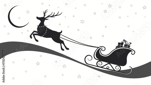 Silhouette of a reindeer pulling santa s sleigh filled with gifts under a crescent moon and stars