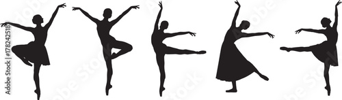 Five elegant ballet dancers in dynamic poses silhouette isolated on transparent background