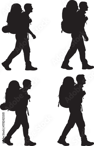 Four black silhouettes of hikers carrying backpacks walking isolated on transparent background