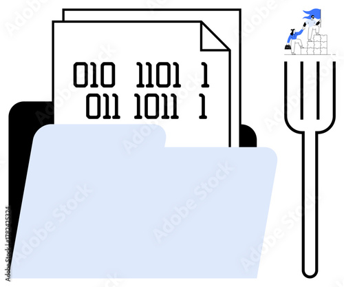 Open folder containing binary-coded documents, large fork symbolizing data handling, person working atop cubes. Ideal for data organization, digital processing, coding, efficiency, teamwork
