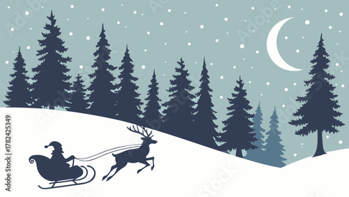 Santa claus sleigh riding through a snowy forest under a crescent moon and falling snowflakes