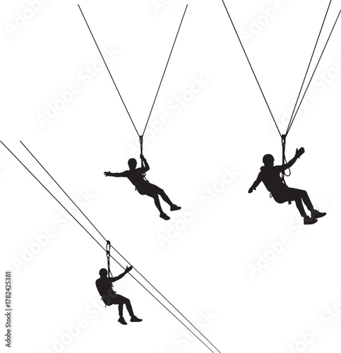 Three silhouette figures suspended in the air by zipline cables isolated on transparent background