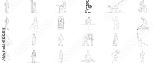 An arrangement of scattered abstract shapes and lines, creating a sense of organized chaos on a transparent background