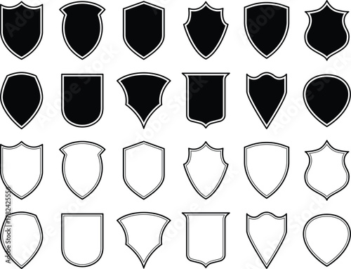 Set of Badge templates in vintage style. Black patch silhouettes. Police badge, shield, labels. Isolated on white background	
