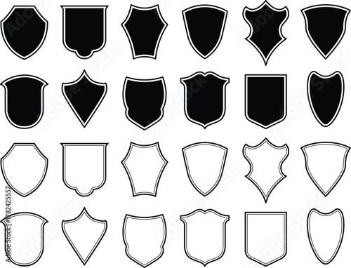 Set of Badge templates in vintage style. Black patch silhouettes. Police badge, shield, labels. Isolated on white background	
