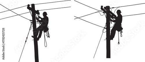 Two silhouetted linemen climbing utility poles working on power lines isolated on transparent background