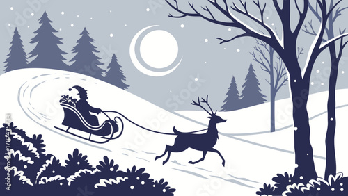 Santa claus silhouette in a sleigh pulled by a reindeer through a snowy forest under a crescent moon