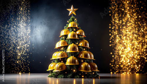 Christmas tree made of yellow construction helmets with glowing star and lights