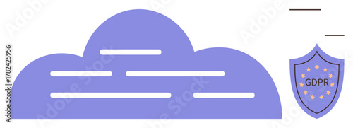 Abstract cloud with linear details paired with GDPR compliance shield. Ideal for data privacy, security, cloud computing, legal policies, compliance, internet safety, simple flat metaphor