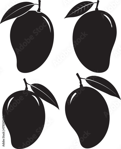 Four ripe mango fruit silhouettes isolated on transparent background