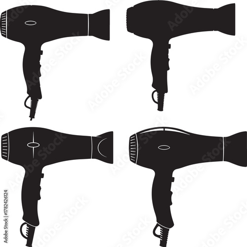 Collection of four different hairdryer silhouettes isolated on transparent background