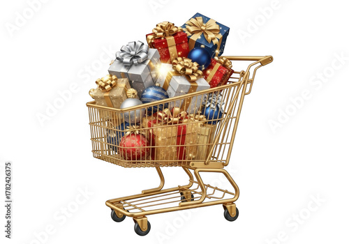 Opulent golden shopping cart brimming with festive holiday gifts.