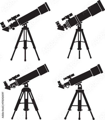 Four telescope silhouettes isolated on transparent background