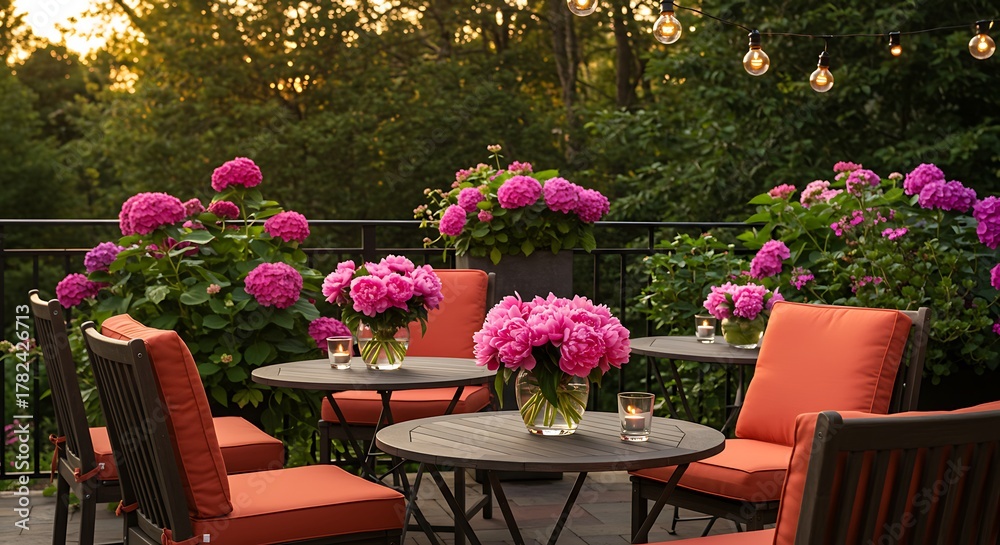 Obraz premium Outdoor patio with vibrant pink flowers and comfortable seating.