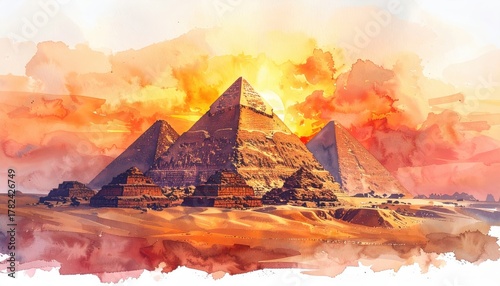 Artistic watercolor illustration of the ancient Egyptian pyramids during a vibrant orange and yellow desert sunset
