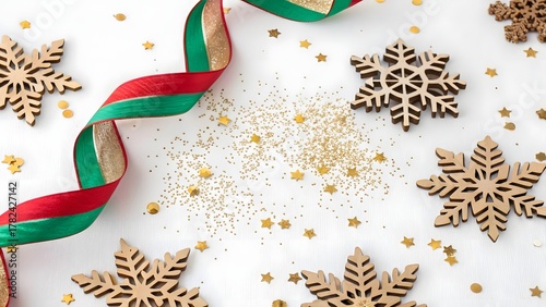 Festive Flat Lay with Ribbon Curls, Wooden Snowflakes, and Gold Glitter on White Background – Holiday Decoration Concept”