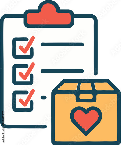 Donation logistics checklist clipboard with box and heart