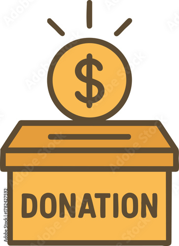 Donation box with dollar coin and charity label