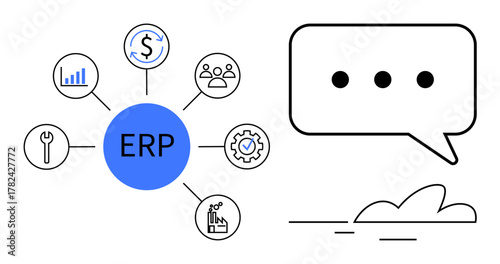 Central ERP hub linked to modules for finance, analytics, HR, tools, and supply chain. Speech bubble with cloud accent. Ideal for management, business solutions, integration communication planning