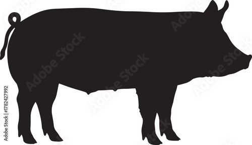 Black silhouette of a farm pig standing profile isolated on transparent background