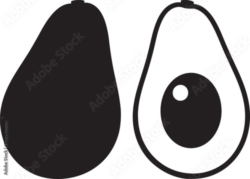 Black silhouette of a whole avocado and a halved avocado isolated on transparent background