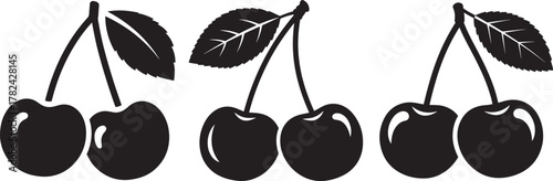 Three pairs of cherries with leaves silhouette isolated on transparent background