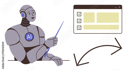 AI robot using pointer to present checklist interface, with arrow indicating process flow. Ideal for technology, AI, education, productivity, automation, workflow innovation. Simple flat metaphor