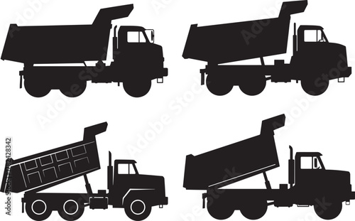 Four black dump truck silhouettes in different positions isolated on transparent background