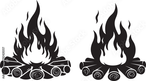 Two campfire bonfires with flames and wood logs silhouette isolated on transparent background