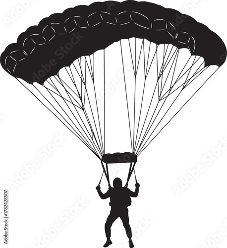 Silhouette of a skydiver with an open parachute descending isolated on transparent background