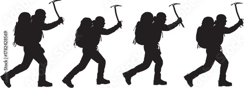 Four hikers with ice axes and backpacks walking in a line silhouette isolated on transparent background