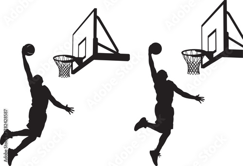 Two basketball players in silhouette performing slam dunks isolated on transparent background