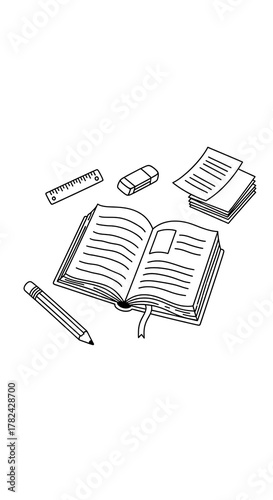 Open book with stationery items, study and learning concept.