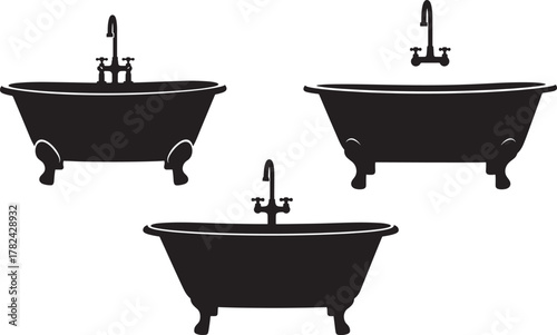 Three vintage clawfoot bathtubs with faucets silhouette isolated on transparent background