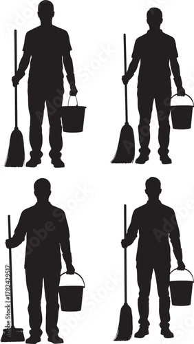 Four silhouette figures of cleaners holding brooms and buckets isolated on transparent background