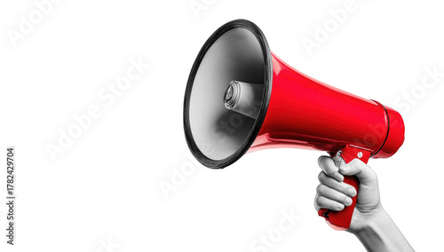 A hand holds a red megaphone against a dark background