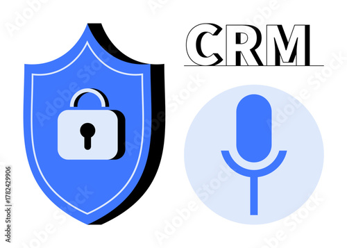 Padlock on shield for security, microphone for voice technology, CRM text for customer relations. Ideal for data protection, CRM systems, voice tech, privacy, analytics, communication simple flat