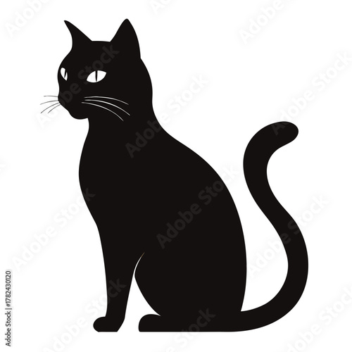 Stylized sitting black cat silhouette with bright eyes, vector illustration for various designs