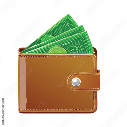 Leather wallet open with cash, banknotes, and dollars for finance and business success