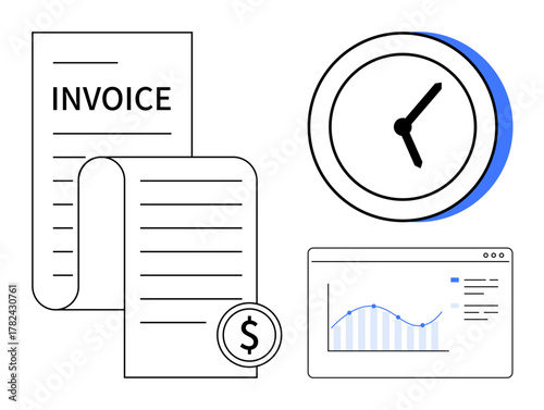Invoice paper with a dollar icon, a clock indicating time tracking, and a screen displaying a data graph. Ideal for billing, accounting, finance tracking, business management, time efficiency, data