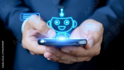 AI chatbot assistance concept: Person interacting with robot assistant on smartphone display
