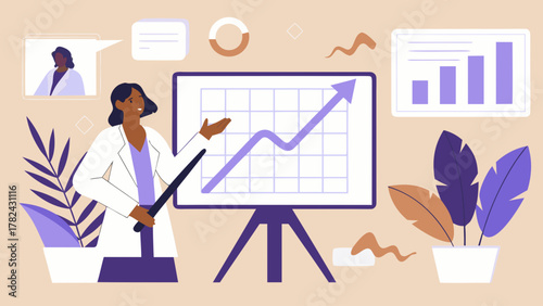 Woman presenting a growing graph on a whiteboard during a virtual meeting