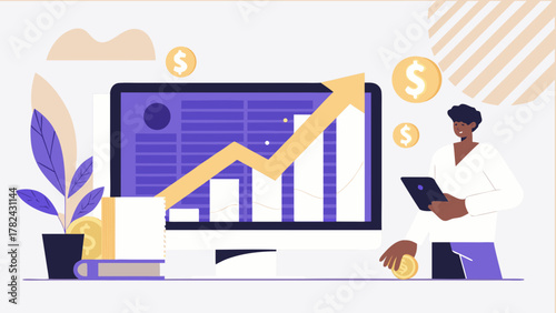 Man analyzing financial growth chart on computer screen with coins and plant
