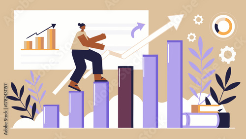 Person climbing bar graph representing business growth and success