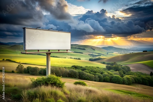 Billboard Mockup Overlooking Rolling Hills Green Fields at Sunset Advertising Space for Brand Promotion