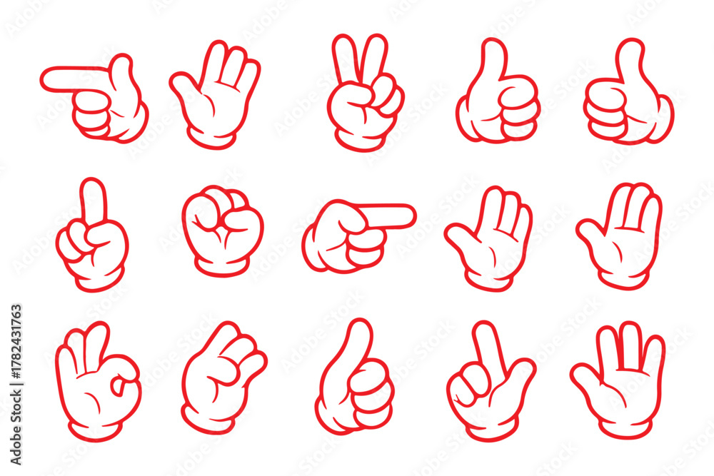 Fototapeta premium Retro groovy style hands set. Cartoon hippie hand collection. Vintage hippy various palm sticker pack. Showing gestures victory, shaka, ok, rock and love. Abstract trendy y2k vector eps illustration